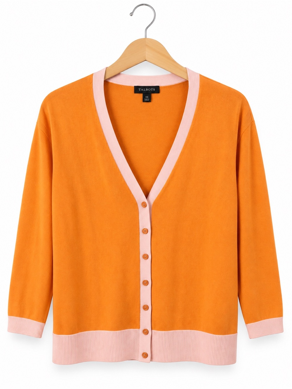 Talbots Orange Pink Cardigan XS V Neck Colorblock Preppy Classic Oversized